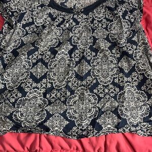 Navy blue and white  Damask Blouse with Elegant Pattern